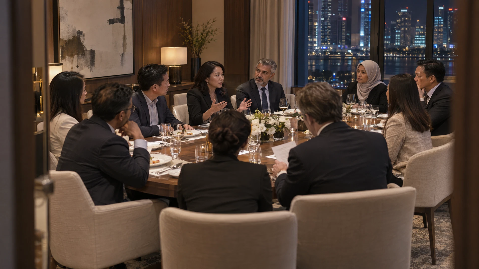 Illustrative private executive dinner with serious business conversation, photographed from a discreet doorway viewpoint